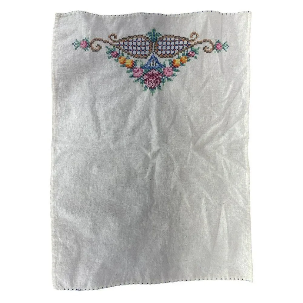Vintage Hand Cross Stitched Floral Kitchen Linen Tea Towel 18 x 13.5 Basket Pink
